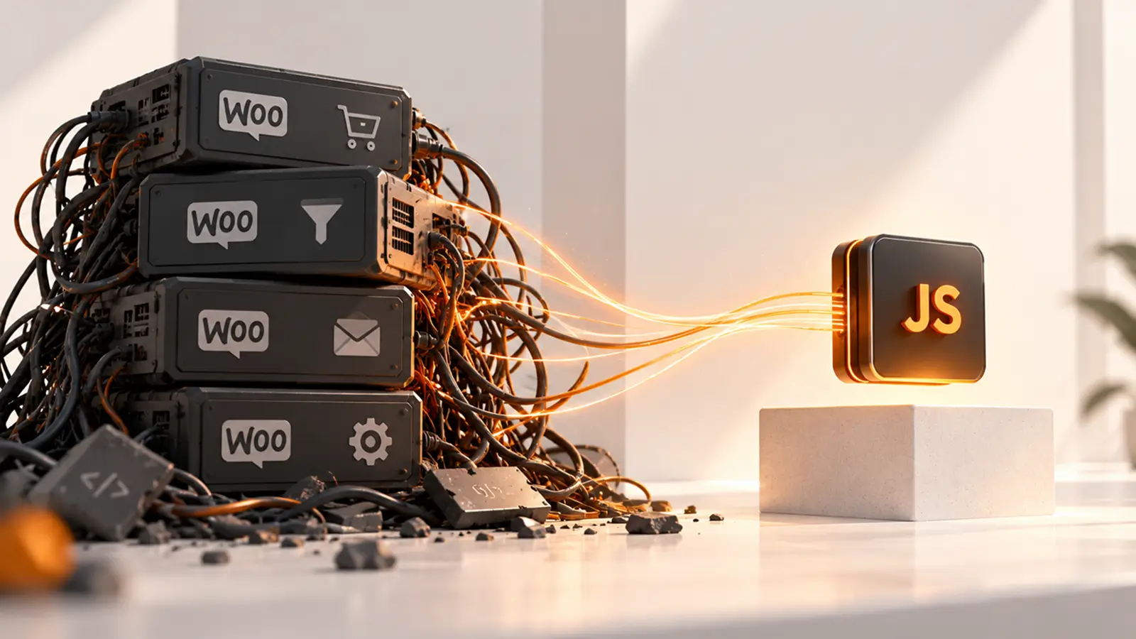 Heavy WooCommerce plugins contrasted with a compact JavaScript module