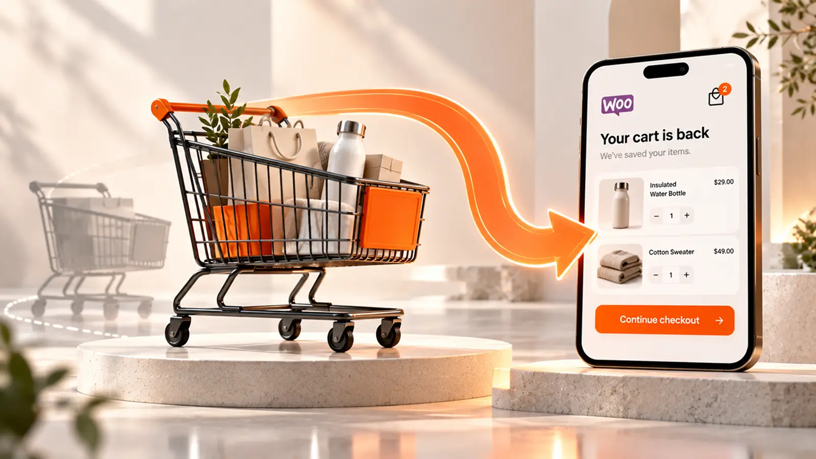 WooCommerce abandoned cart recovery showing a saved shopping cart restored for checkout