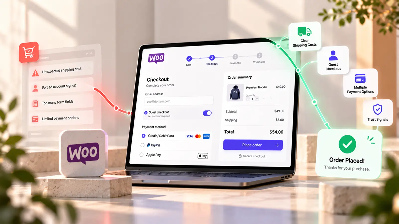 WooCommerce checkout optimization showing how removing shipping surprises, forced signup, and unnecessary fields improves the shopping experience.