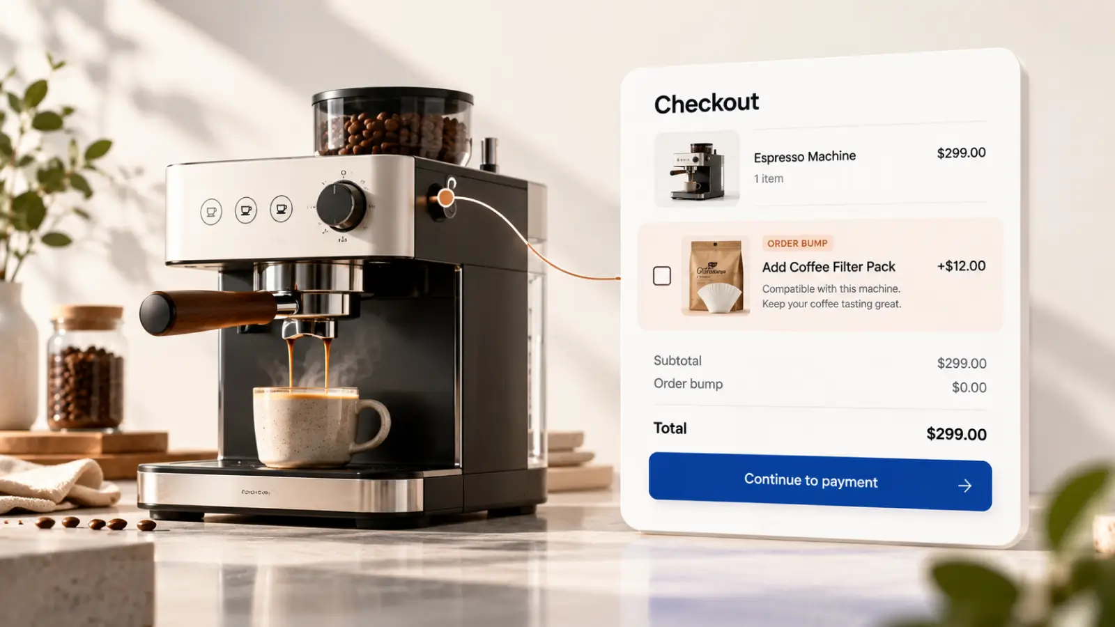 WooCommerce checkout showing an optional coffee filter order bump with clear pricing alongside an espresso machine purchase.
