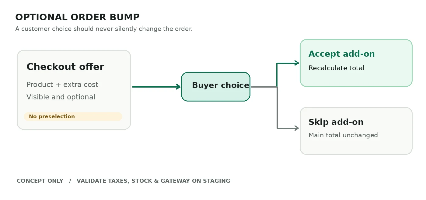 Decision diagram for optional order bump acceptance or decline and correct checkout total